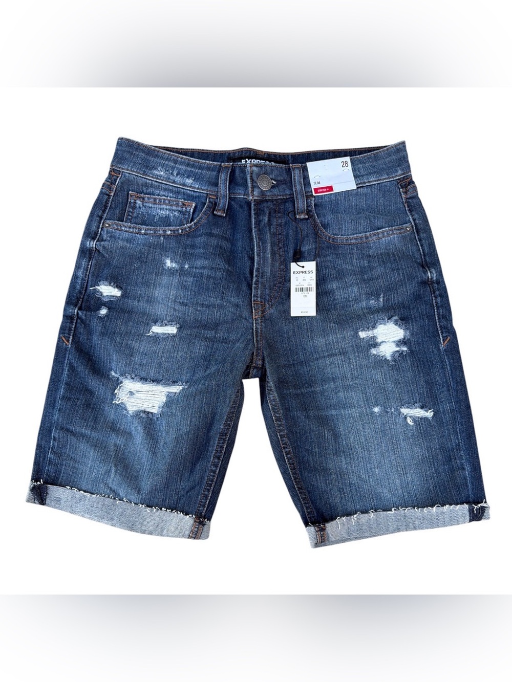 Express Women’s Distressed Dark Blue Denim Bermuda Shorts